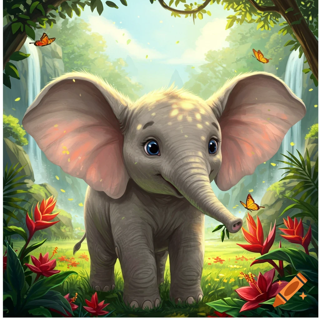 A cute, big-eyed baby elephant in a lush jungle with waterfalls and red flowers, illustrated in a vibrant, friendly style.