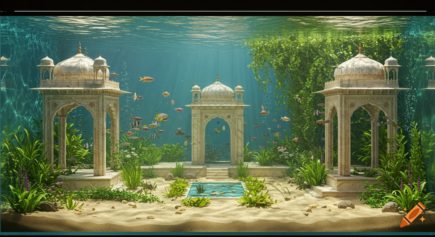 An aquascape in a large fish tank, with Mughal-inspired white stone arches and domes, lush green plants, and numerous colorful fish swimming in sunlit water.