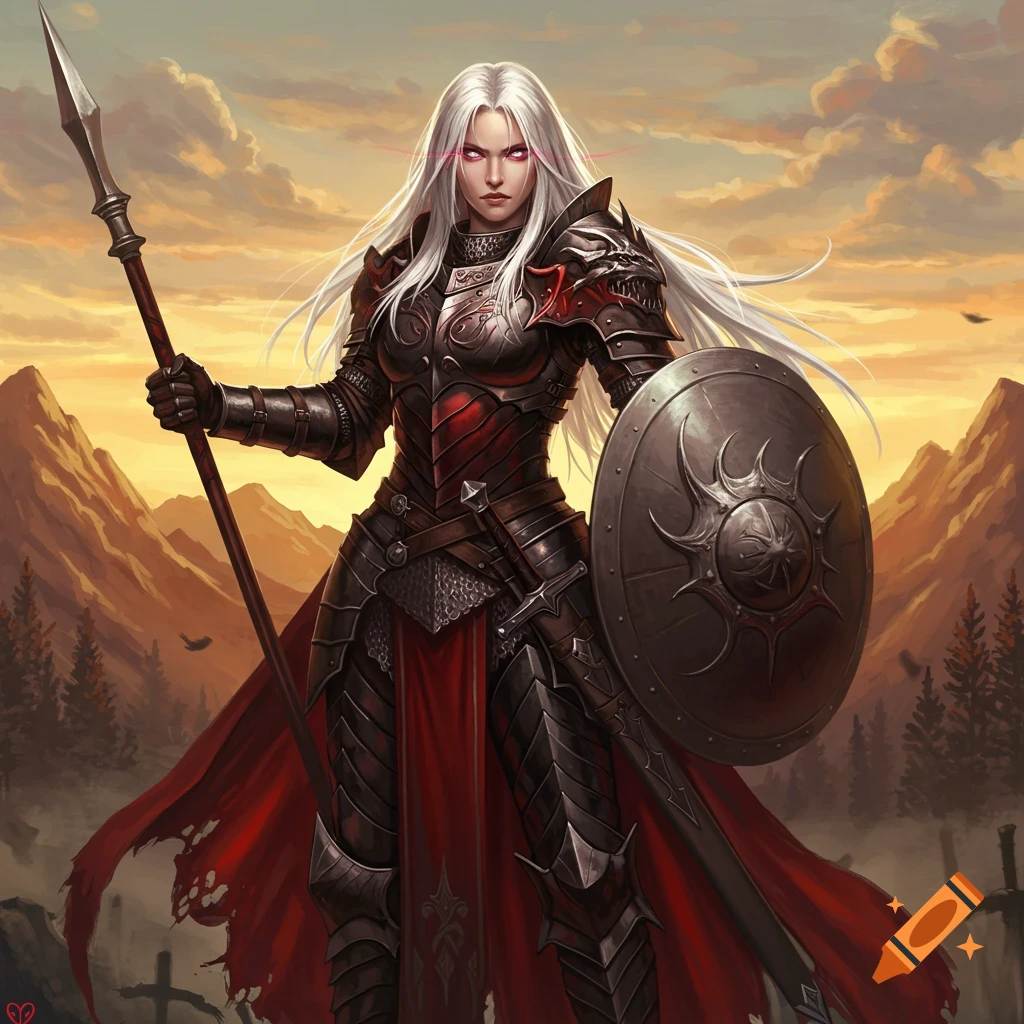 A female fantasy warrior with silver hair and glowing red eyes, clad in black and red armor, holds a spear and shield against a sunset mountain backdrop.