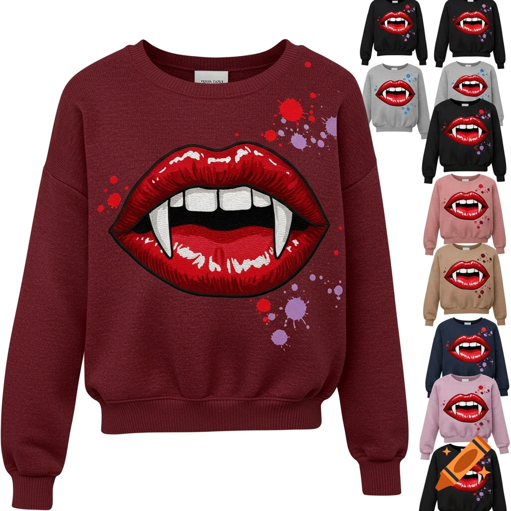 A maroon sweatshirt with a large graphic of red lips and fangs, with multiple smaller variations on various colored sweaters to the right.