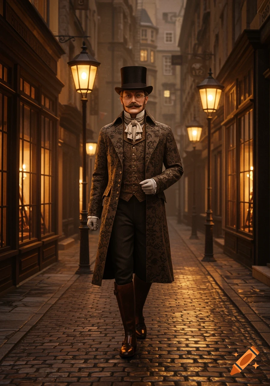 A man dressed as a dandy in a long patterned coat and top hat walks down a gas-lit cobblestone street at dusk.