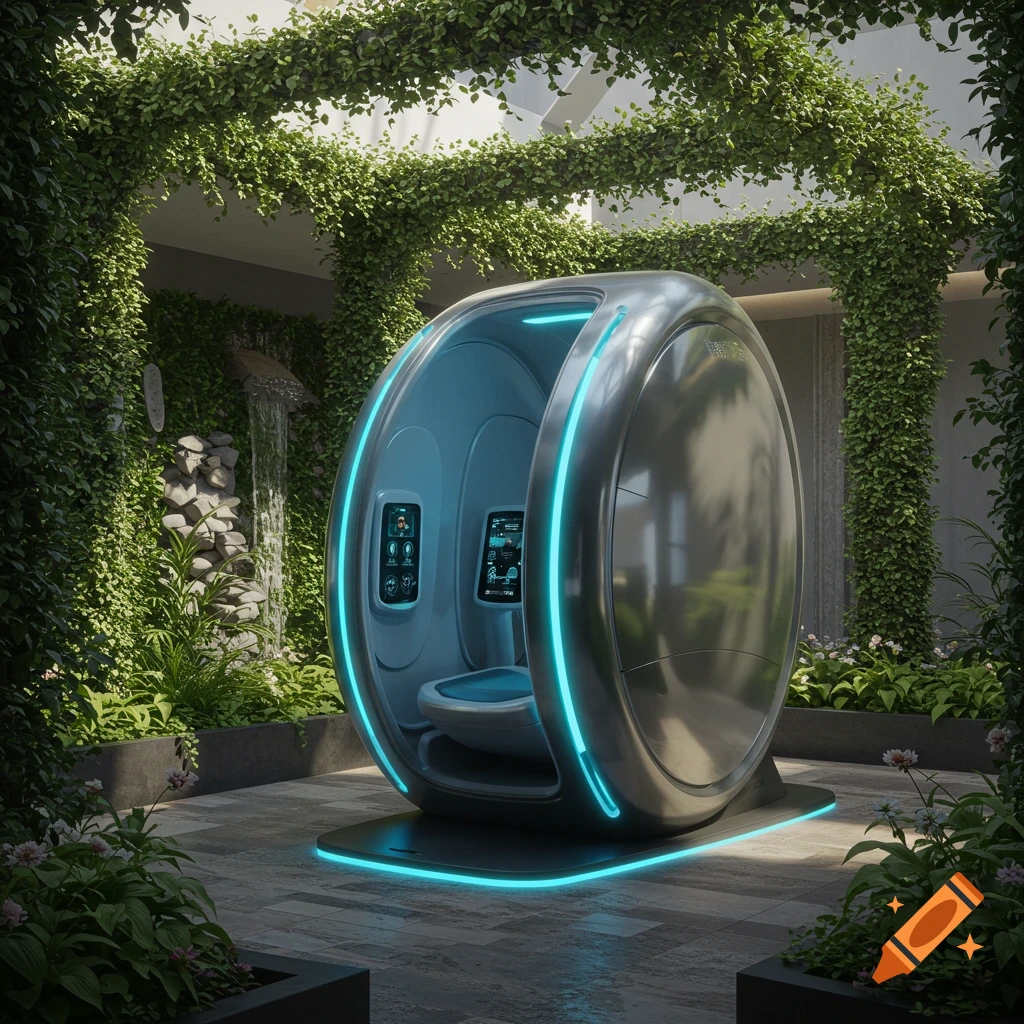 A futuristic metallic exercise pod with blue neon lights sits in a lush garden with a waterfall, photorealistic style.