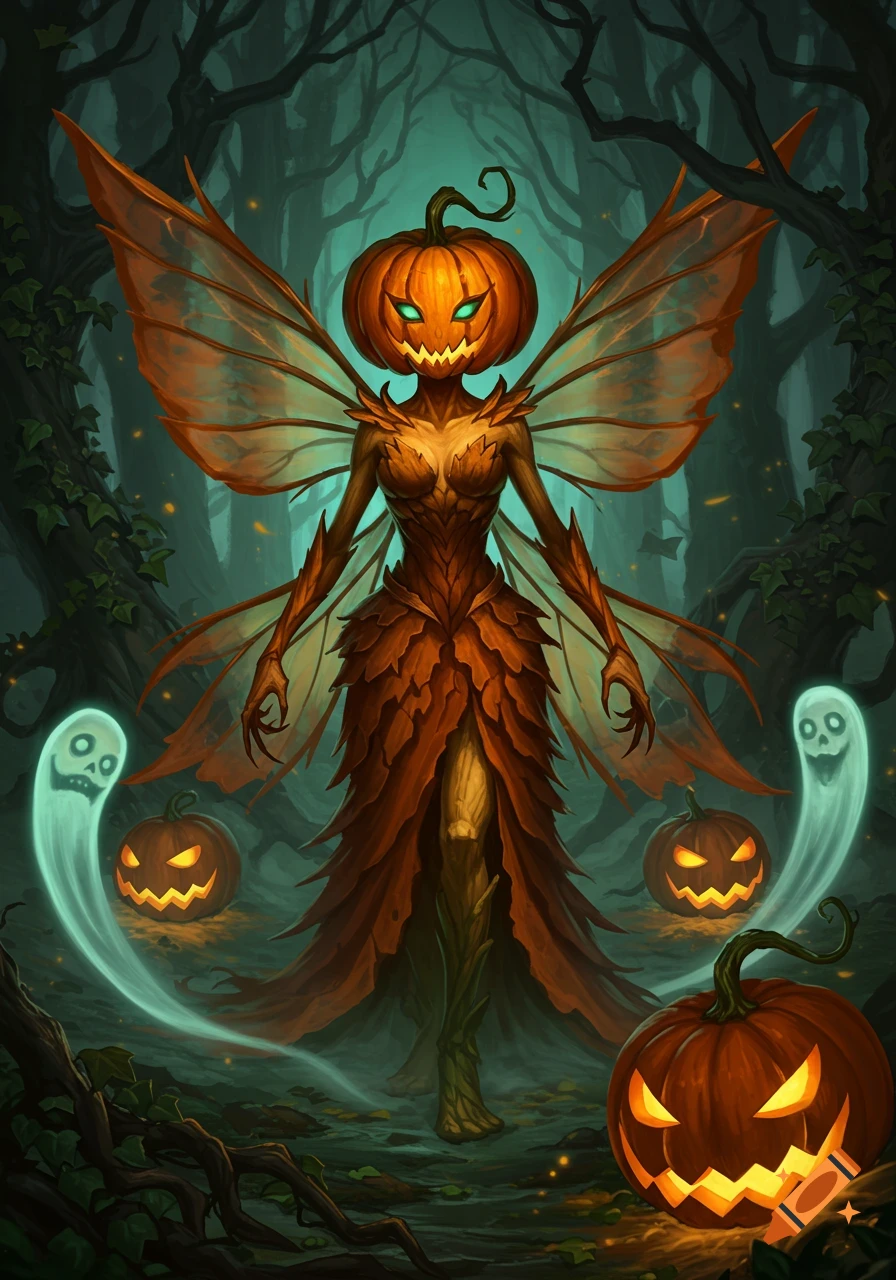 A spooky pumpkin fairy with glowing eyes and wings, standing in a dark forest with two ghosts and jack-o'-lanterns.