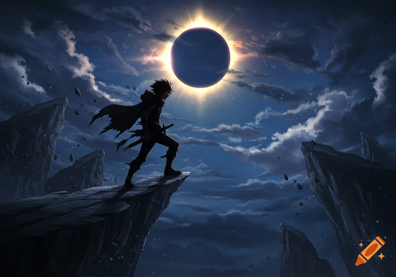 An anime character with dark hair and a tattered cape stands on a rocky cliff, looking towards a dramatic solar eclipse in a dark, cloudy sky.