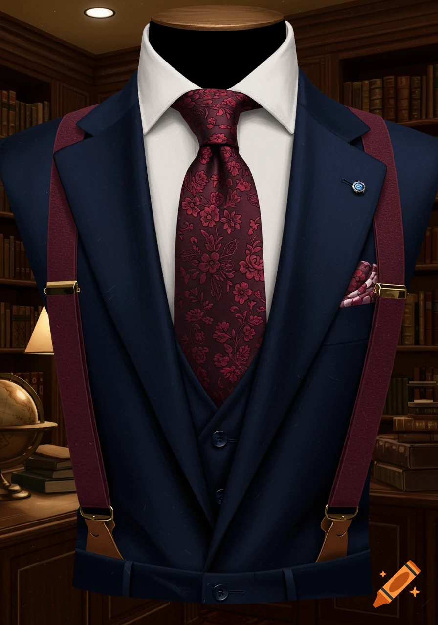 A navy suit on a mannequin with a burgundy floral tie and burgundy suspenders in a library setting.