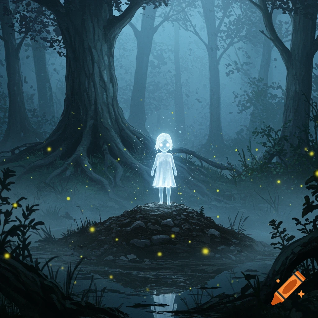 A glowing ghost child stands on a small hill in a dark, misty forest with fireflies, in a digital art style.
