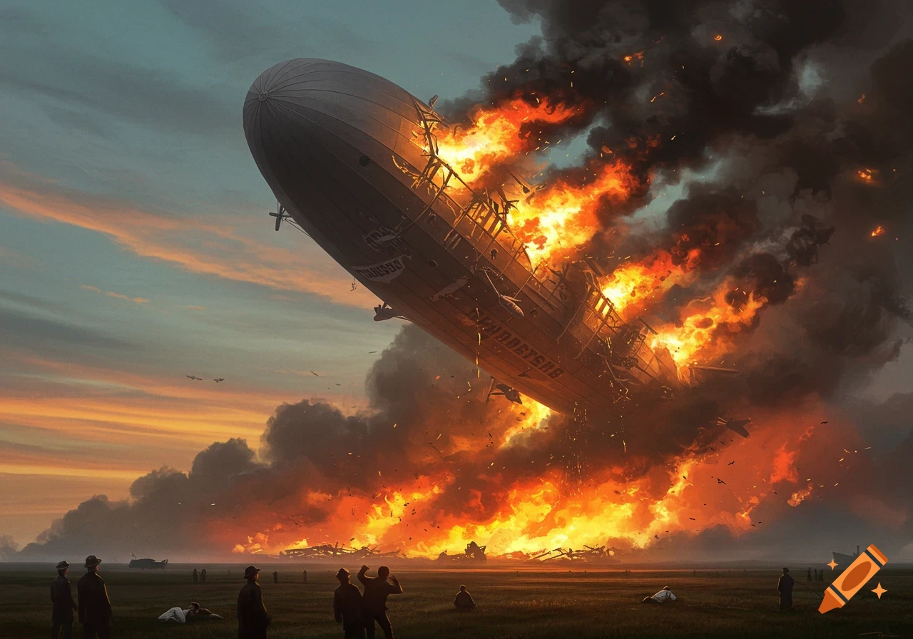 A massive airship engulfed in flames crashes to the ground at sunset, with onlookers watching from below. Black smoke billows from the burning wreckage.