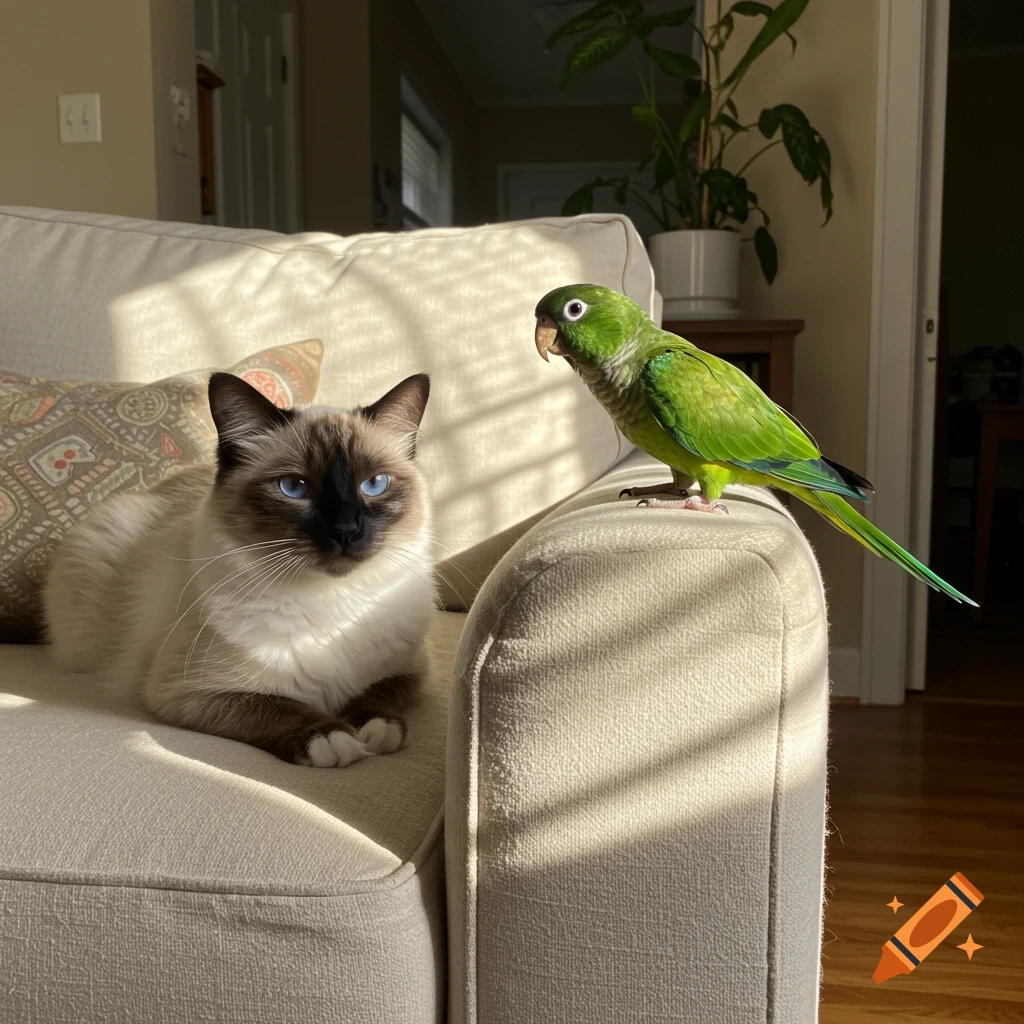 A Siamese Ragdoll cat sits on a couch next to a green cheek conure parrot, bathed in sunlight.