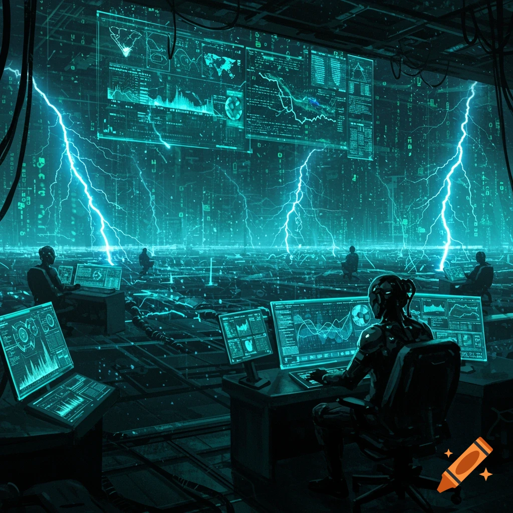 A dark, futuristic control room with multiple people at computer terminals, surrounded by glowing teal screens, data, and electric lightning.