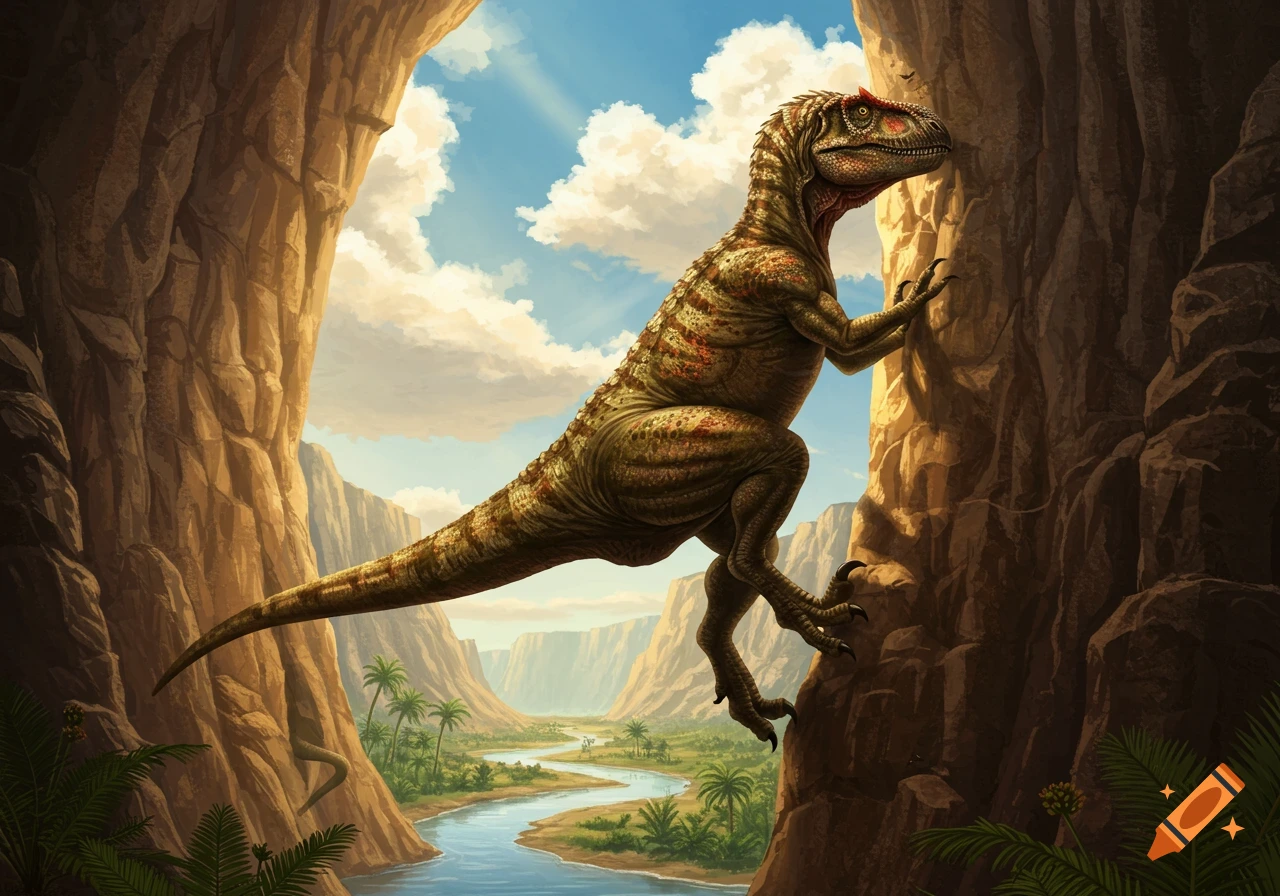 A green and red dinosaur climbs a rocky cliff, looking out over a prehistoric valley with a river and palm trees under a bright blue sky.