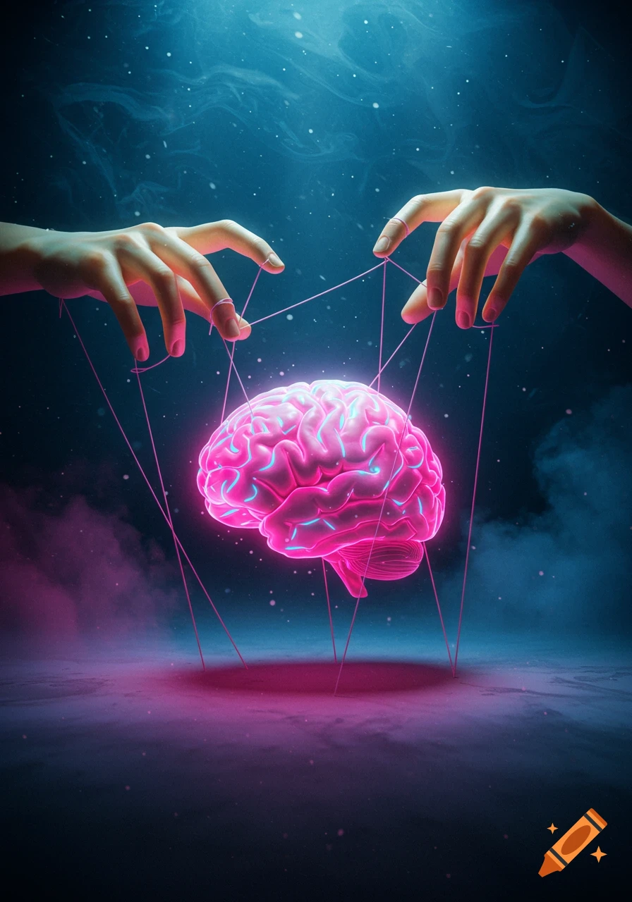 Two hands manipulate a glowing pink brain with strings like a puppet in a dark, smoky, surreal setting.
