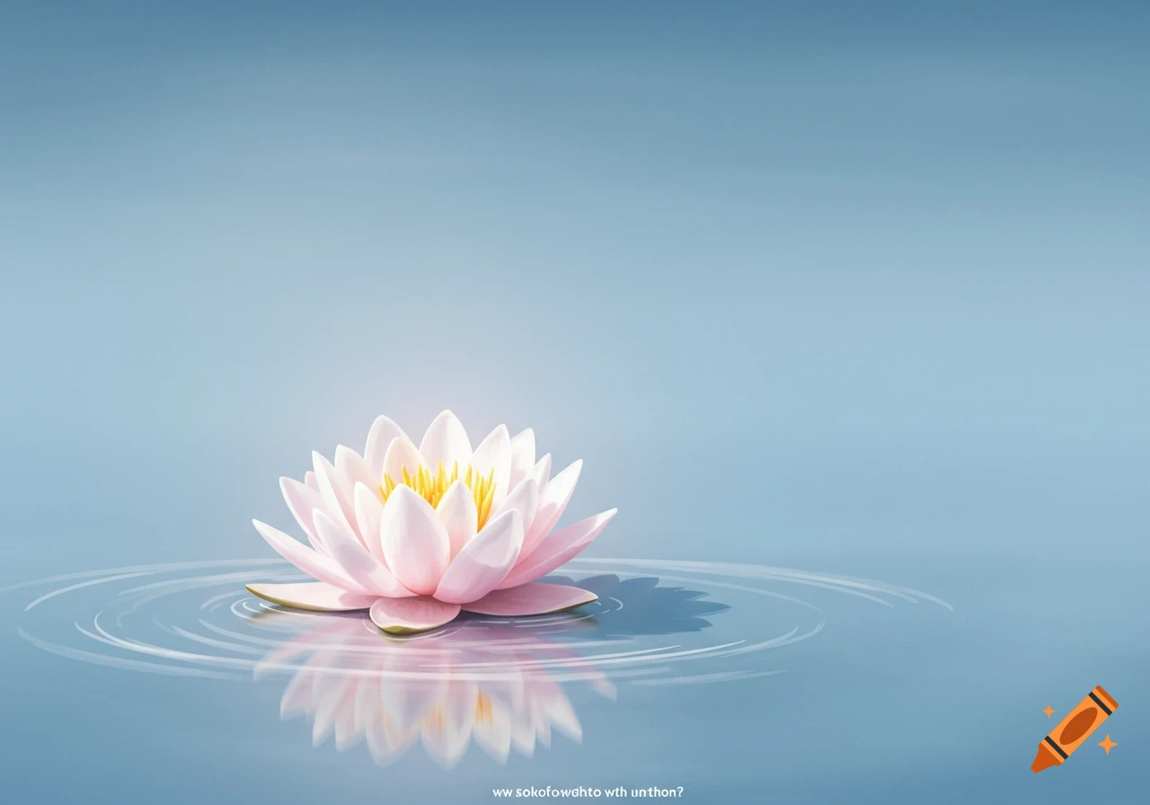 A minimalist image of a pink lotus flower floating on calm blue water with ripples and a reflection.