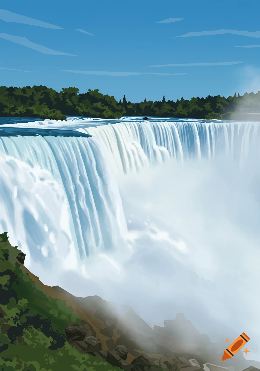A vibrant vector illustration of Niagara Falls with water crashing over the edge, mist rising, and a clear blue sky above.