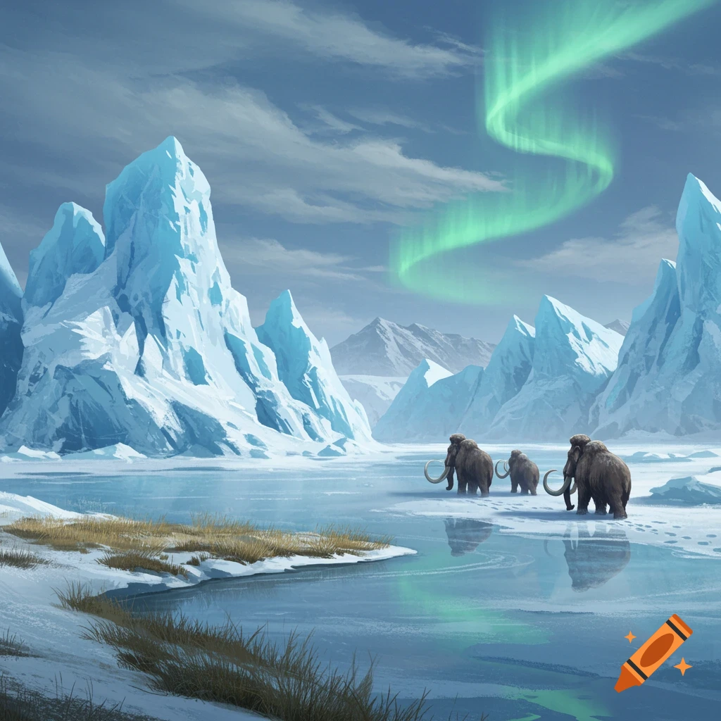 Three woolly mammoths walk across an icy landscape with large icebergs and green aurora borealis in the sky.