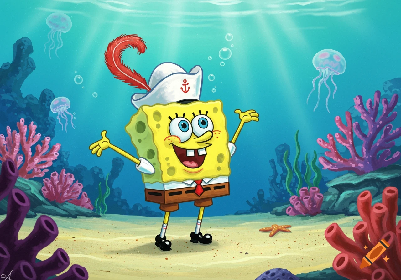 Spongebob Squarepants wearing a sailor hat with a red feather, smiling underwater surrounded by coral and jellyfish.