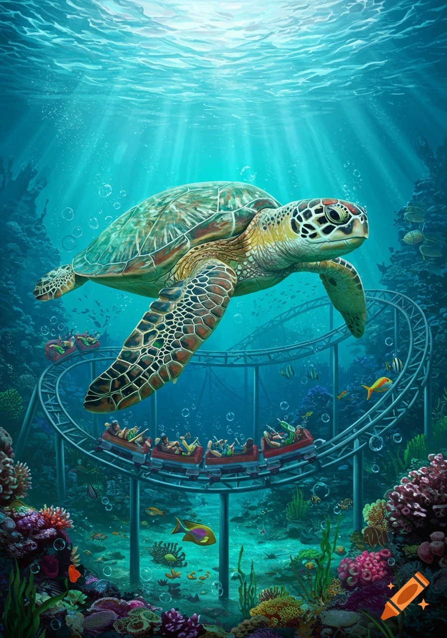 A large sea turtle swims above an underwater rollercoaster with people riding it, in a vibrant coral reef with sunlight beaming down.