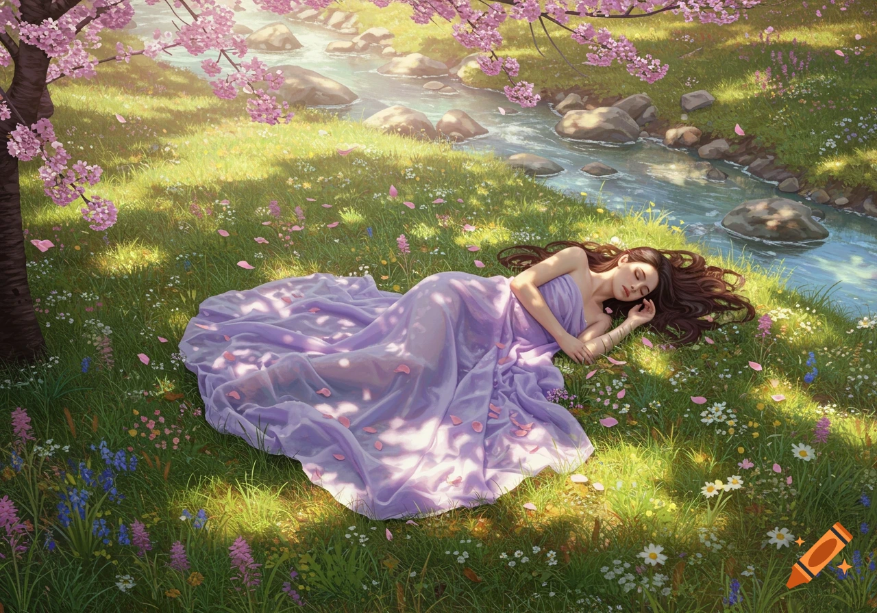 A woman in a flowing purple gown sleeps peacefully on a sunlit grassy bank beside a stream, under blossoming cherry trees in an illustrative style.