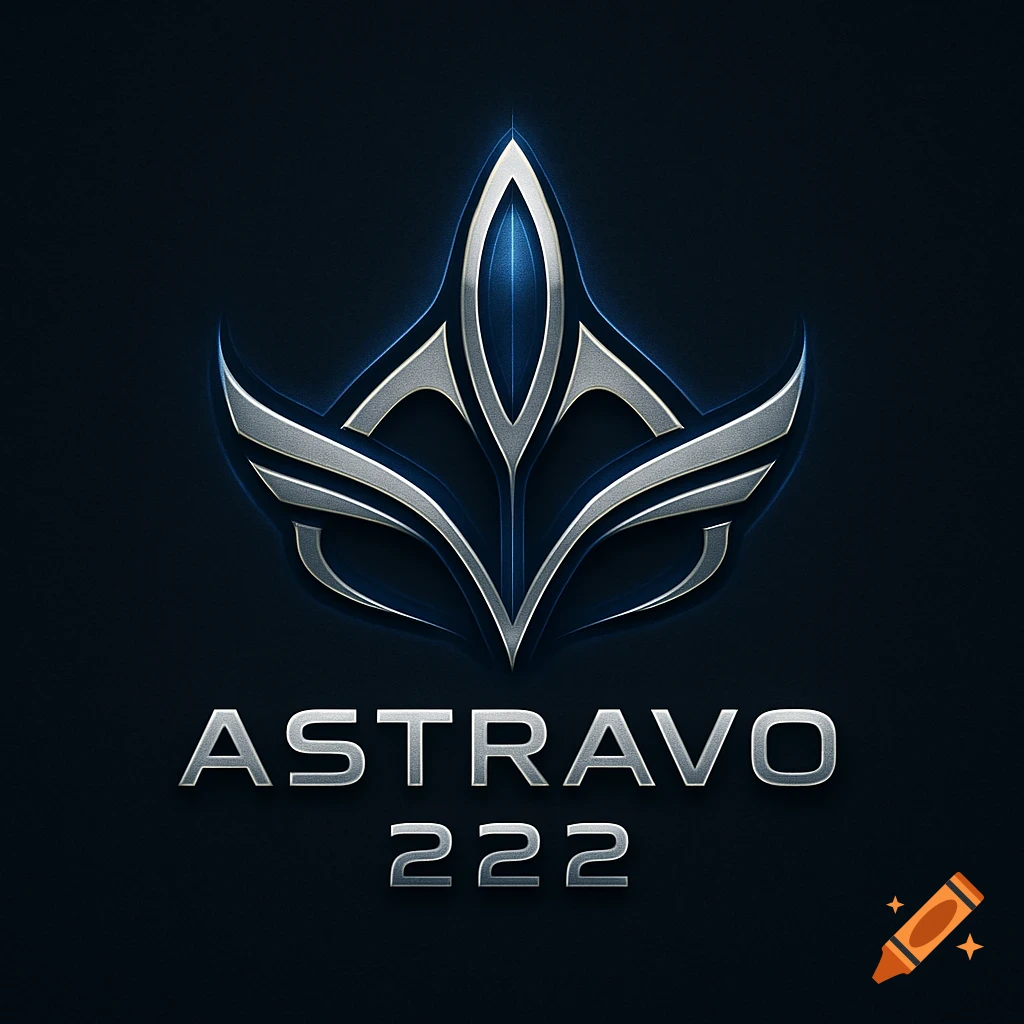 A sleek silver and blue metallic logo on a dark background, featuring abstract, symmetrical shapes resembling a crown or shield, with the word "ASTRAVO" and "222" below it.