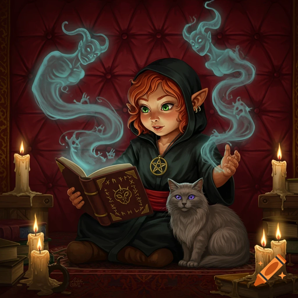 A gnomish woman in a black robe reads an ornate magical book, as blue ghostly forms rise from its pages. A grey cat sits beside her, surrounded by lit candles in a red velvet room.
