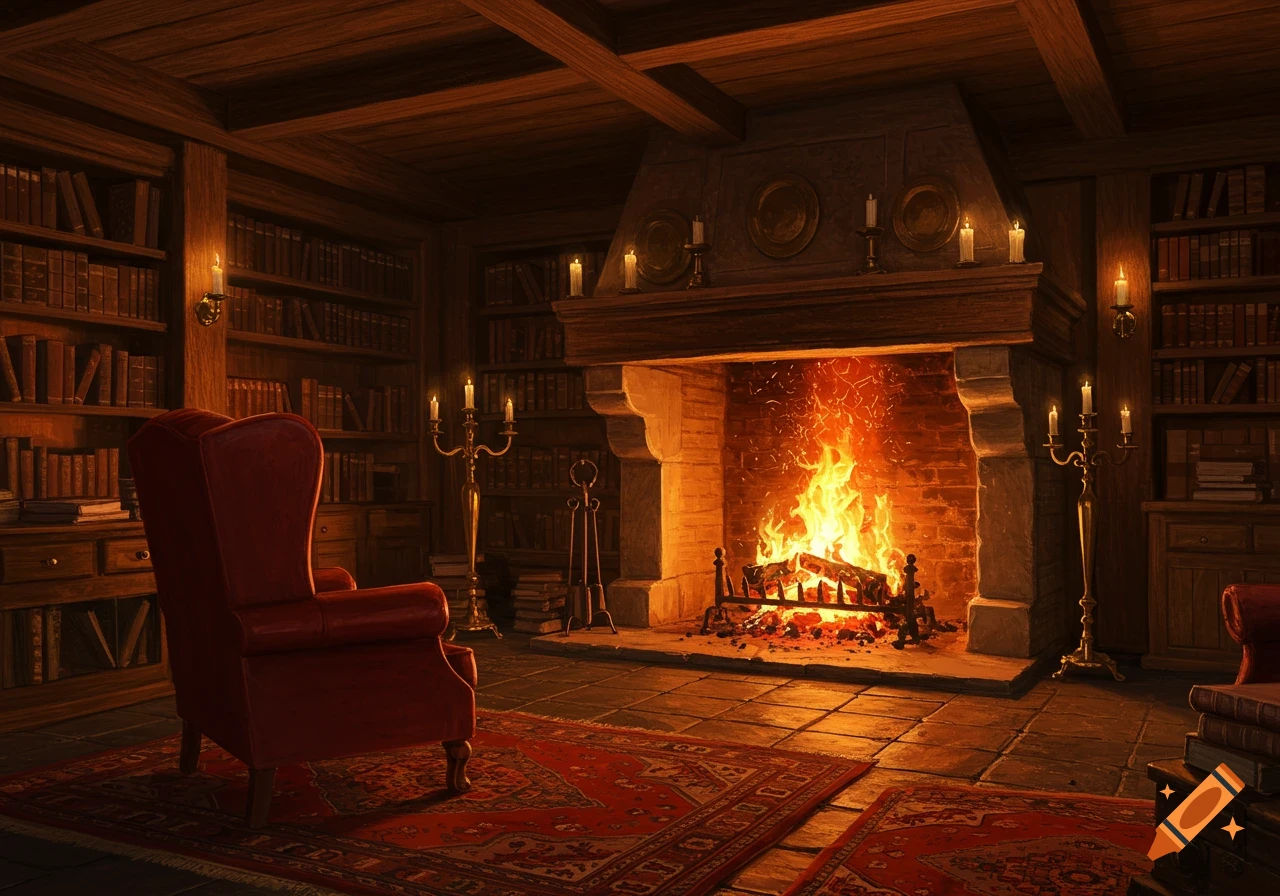 A cozy, warmly lit room with a roaring fireplace, a red armchair, and bookshelves filled with books.