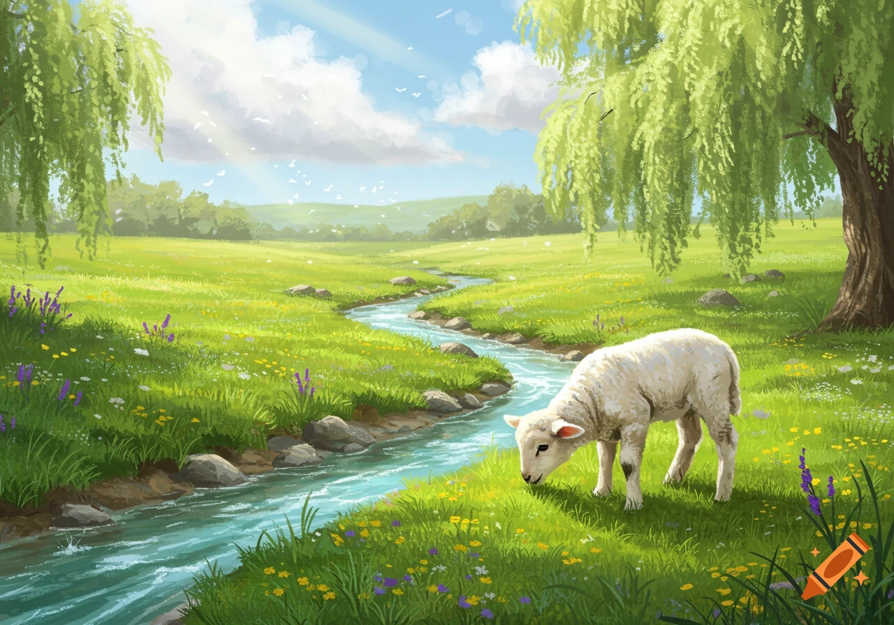 A white lamb grazes in a vibrant green meadow with a winding river and trees under a sunny sky.