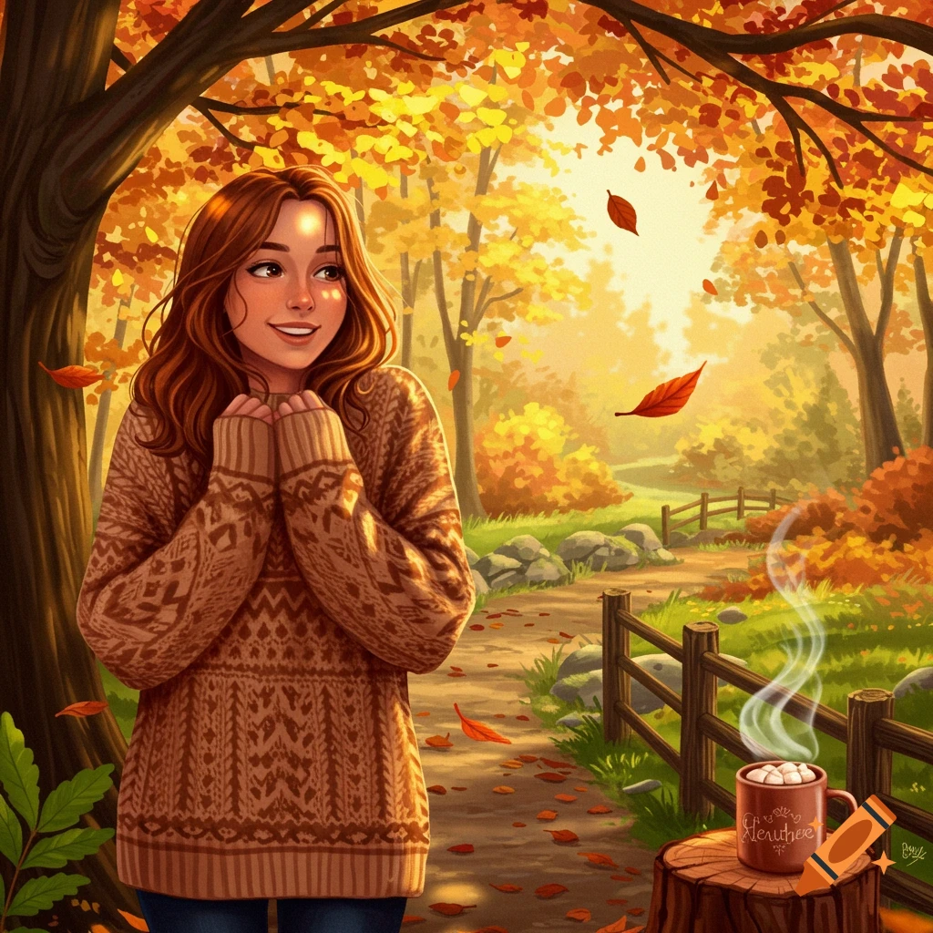 Smiling woman in a brown sweater stands in an autumn forest with colorful falling leaves. A steaming mug is on a tree stump.