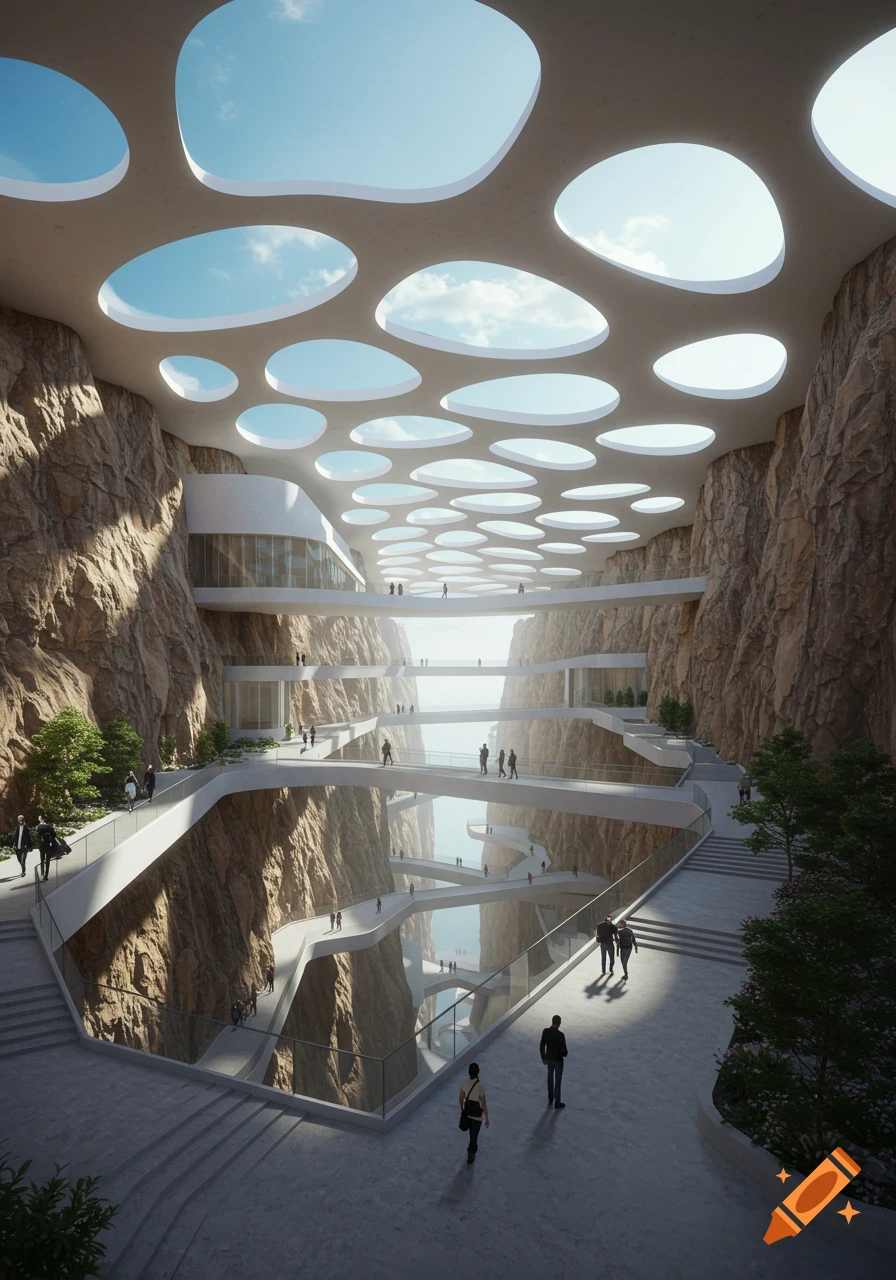 Futuristic architectural structure built into a rocky canyon, with winding walkways, bridges, and a ceiling with organic skylights.