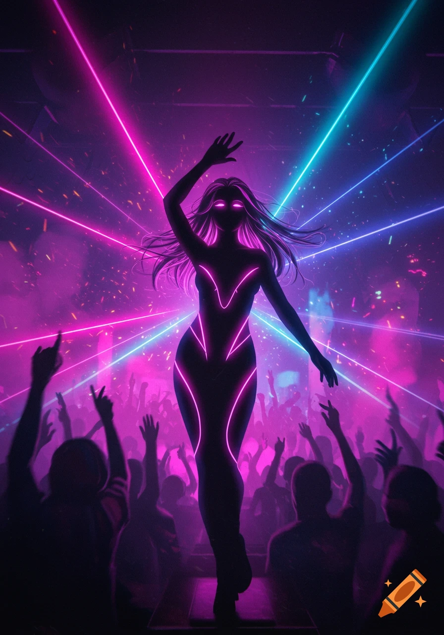 A silhouetted woman glowing with neon lights dances at a futuristic rave with vibrant pink and blue laser beams and a blurred crowd.