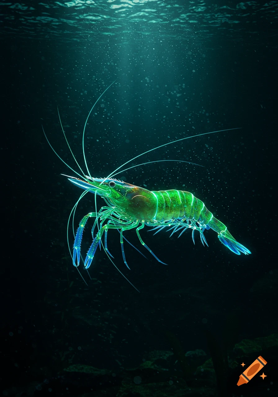 A glowing green and blue shrimp swims underwater, illuminated by light rays from above.