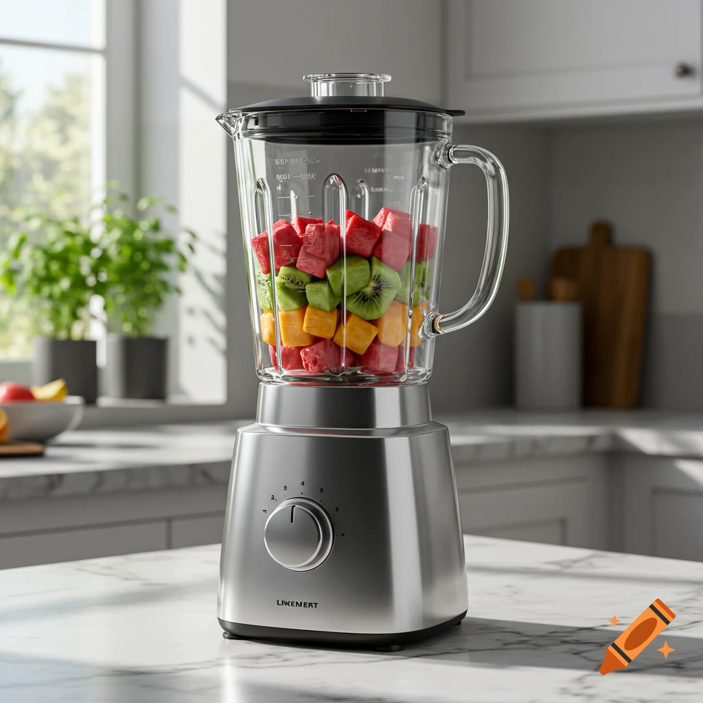 A silver blender filled with diced watermelon, kiwi, and mango sits on a marble kitchen counter bathed in sunlight.
