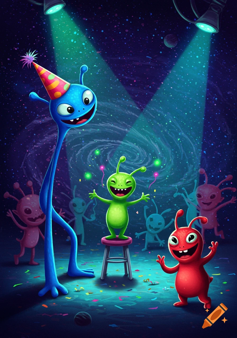 Cartoon aliens celebrating with confetti under spotlights in space.