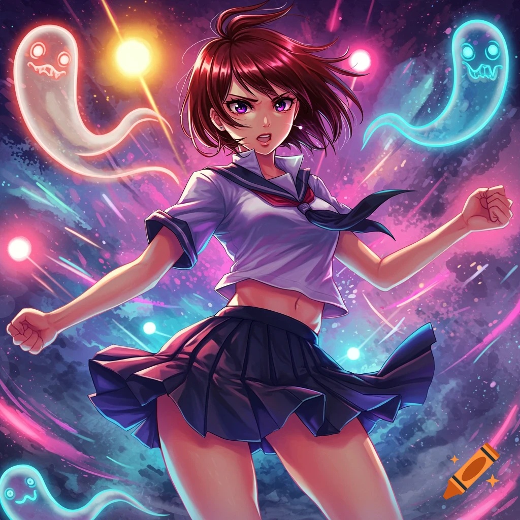 An anime girl with reddish-brown hair in a sailor uniform, standing dynamically against a vibrant, cosmic background with glowing spirits.