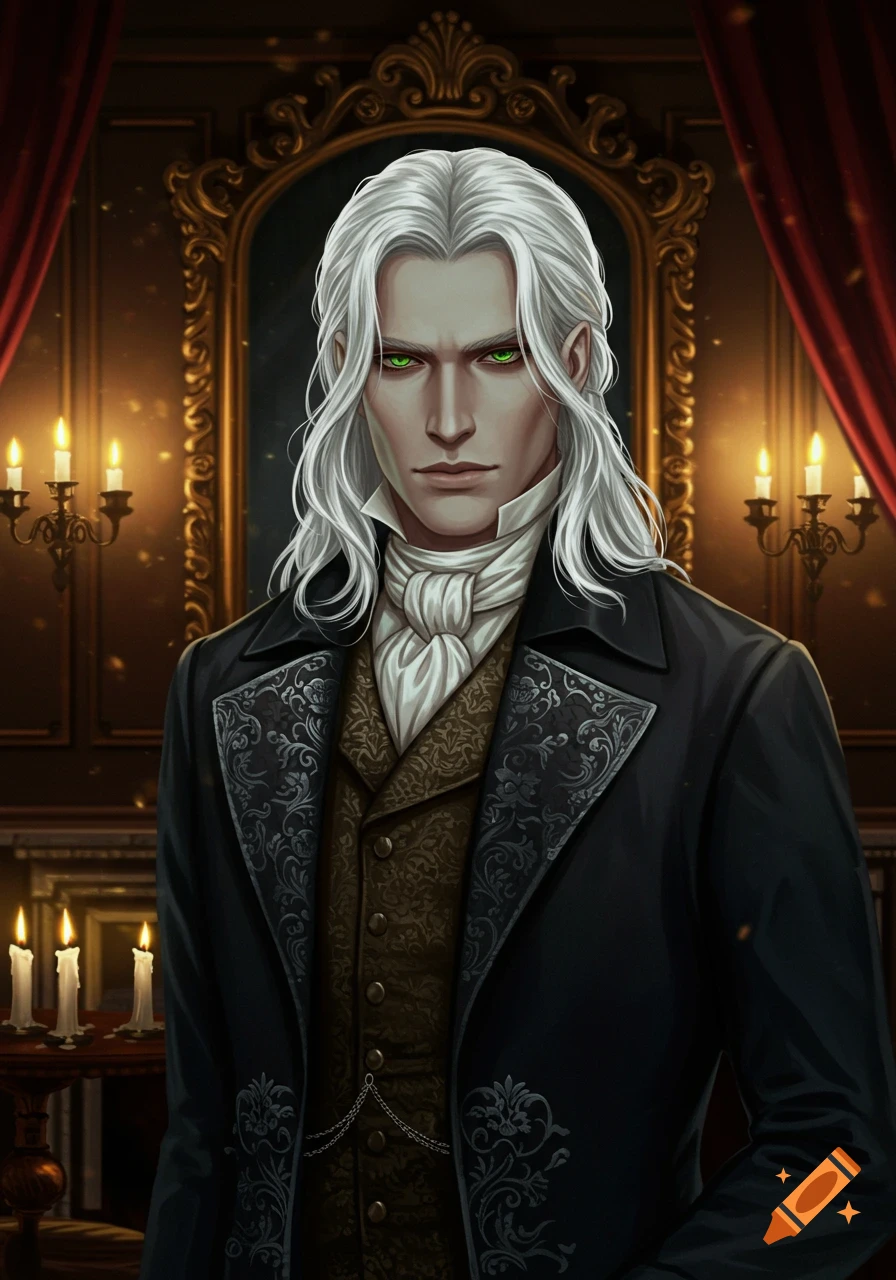 An illustrated portrait of a man with long white hair and green eyes in Victorian clothing standing in a dark, opulent room.
