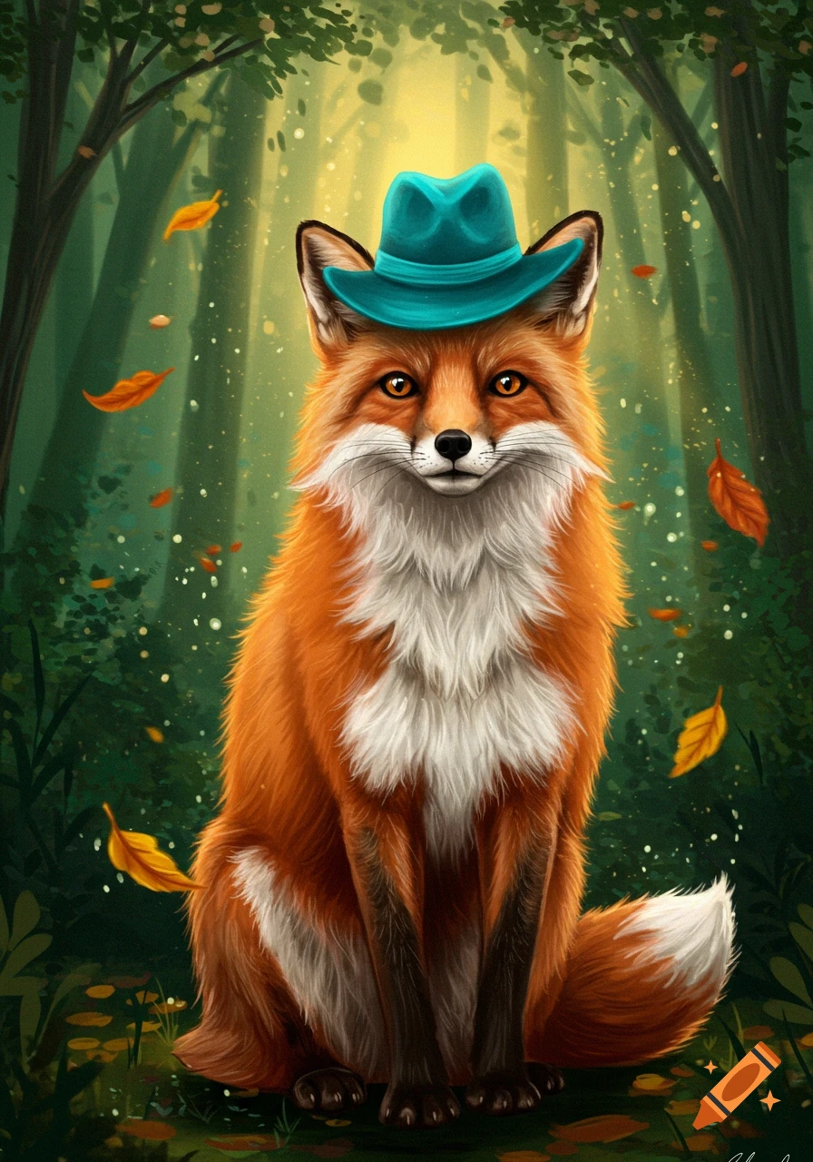 A fluffy orange fox wearing a teal hat sits in a vibrant green forest with falling autumn leaves, digital illustration.