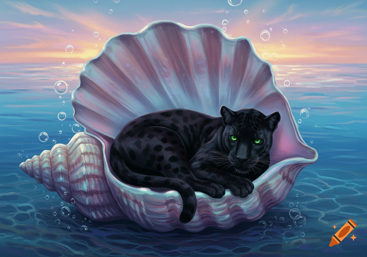 A black panther with green eyes rests inside a large conch shell floating in the ocean at sunset, in a digital painting.