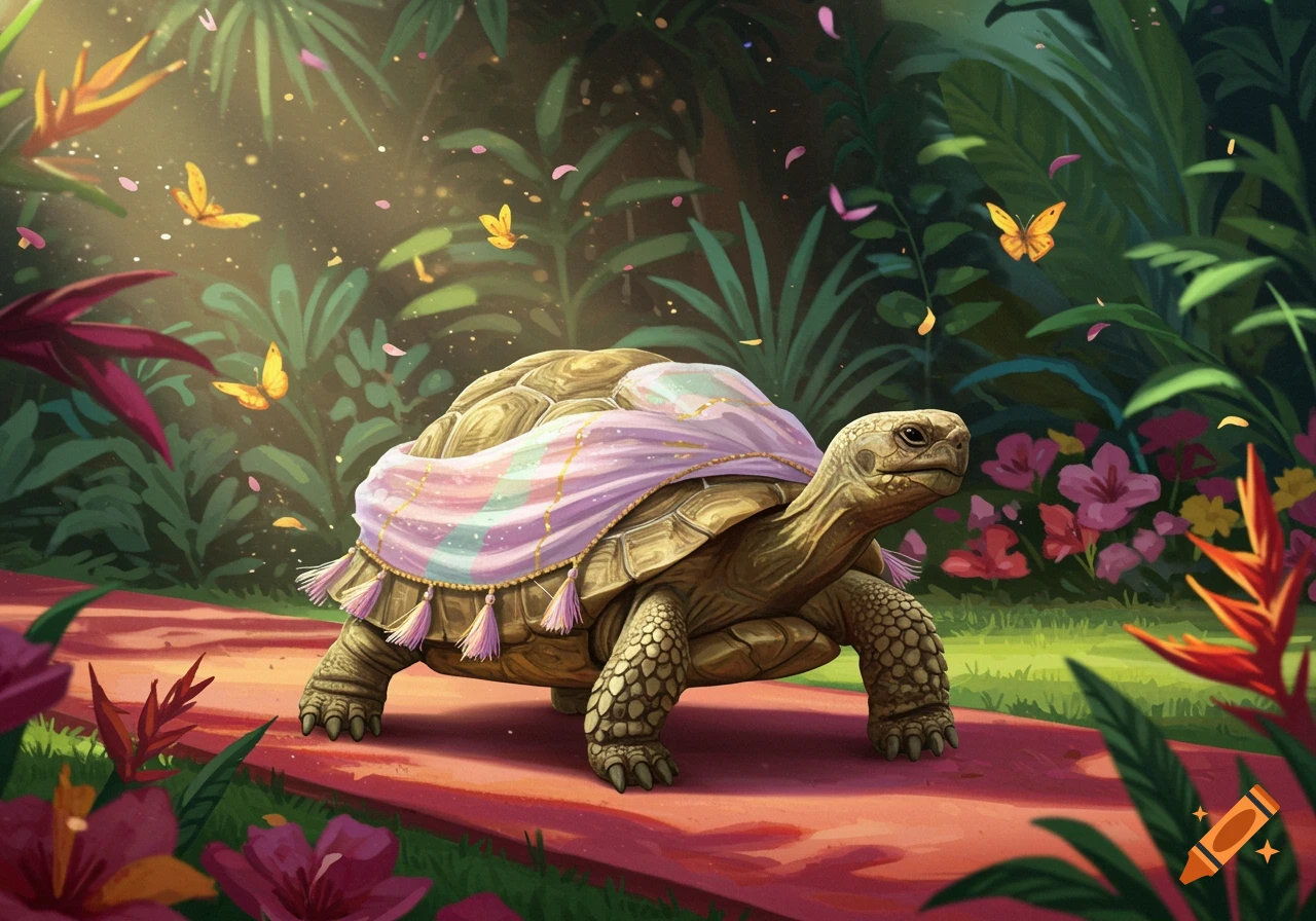 A tortoise wearing a decorated purple and pink scarf walks on a red path in a vibrant jungle with butterflies and flowers, in an illustrative style.