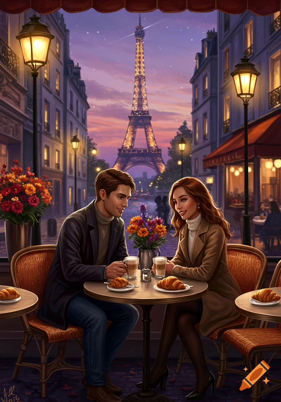 An illustration of a young couple having coffee at an outdoor cafe in Paris at dusk, with the Eiffel Tower in the background.