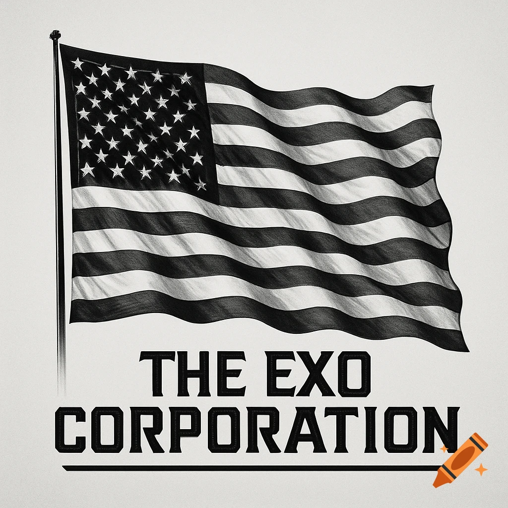 A black and white American flag waving, with 'THE EXO CORPORATION' text below, resembling a logo or emblem.