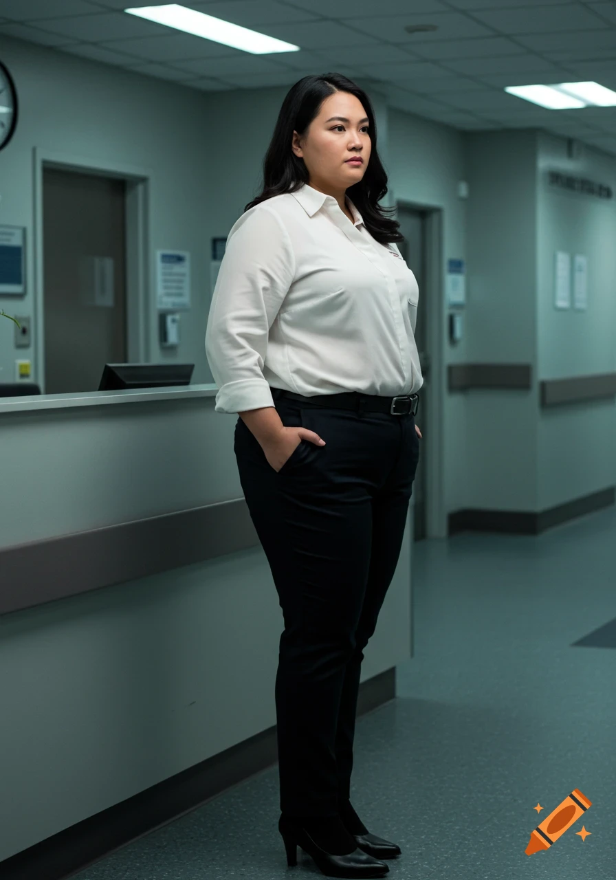 A photorealistic full-body shot of an Asian woman in a white blouse and black trousers standing in a hospital hallway.