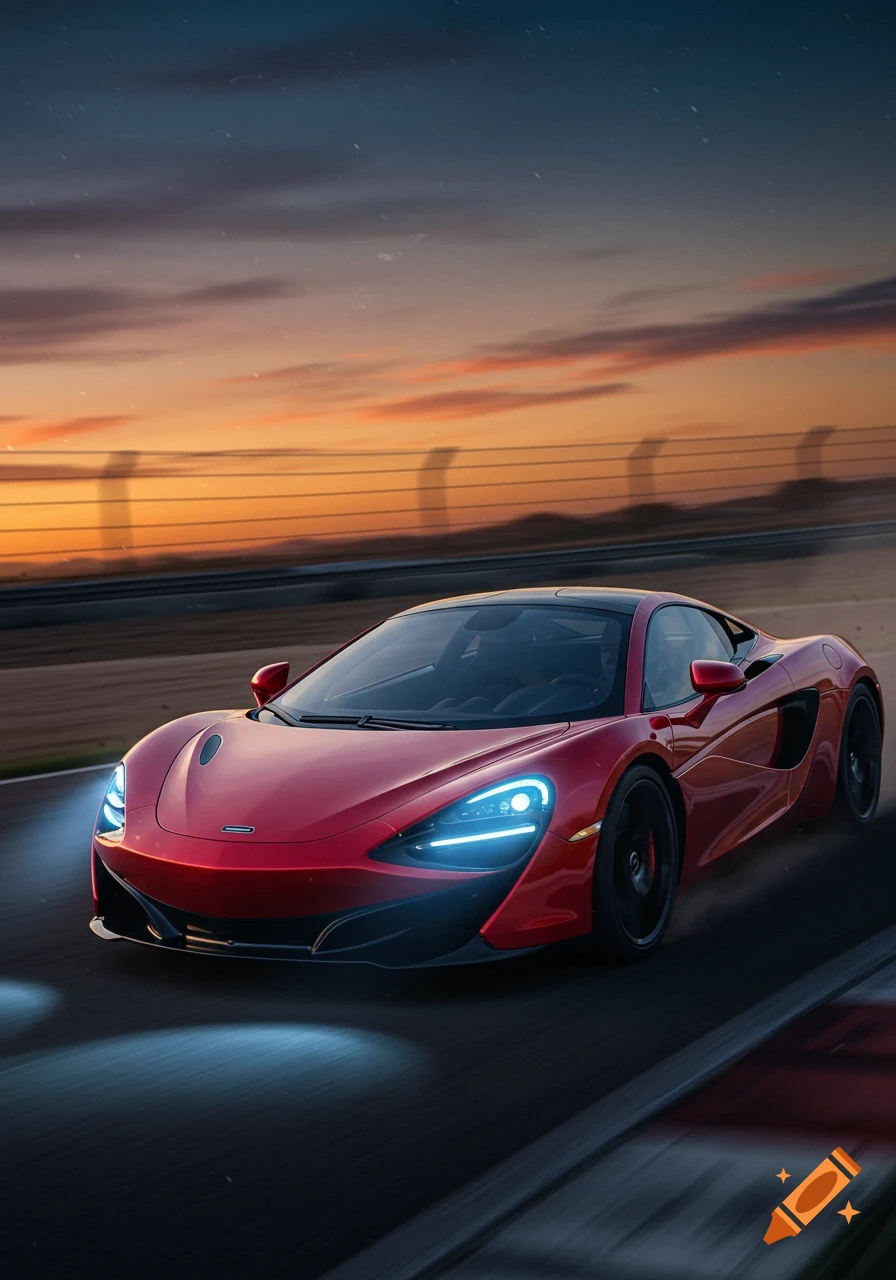 Red McLaren supercar on a race track at sunset, photorealistic style.
