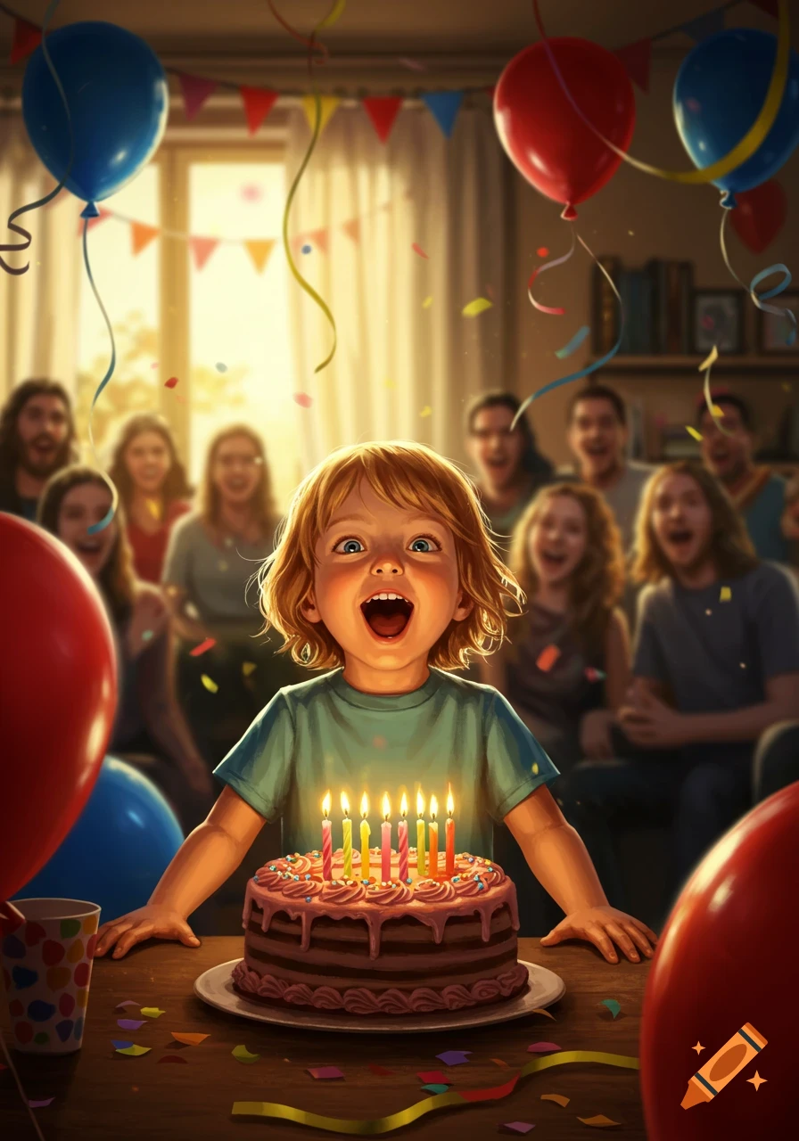 A joyful child grins widely, looking at a birthday cake with lit candles, surrounded by balloons and blurred adults at a vibrant party.