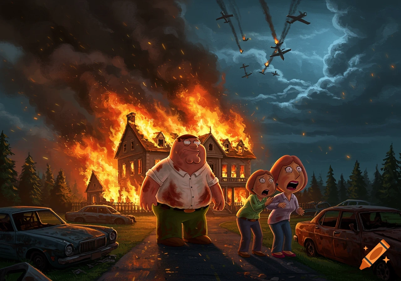 Animated characters resembling Peter and Lois Griffin look distressed as their house burns and planes fall from the sky.