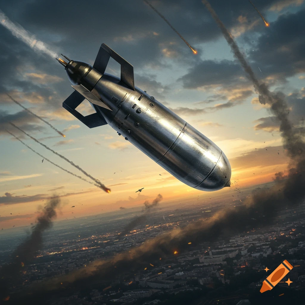A large bomb falls over a city at sunset, leaving smoke trails, with other falling objects and distant airplanes.