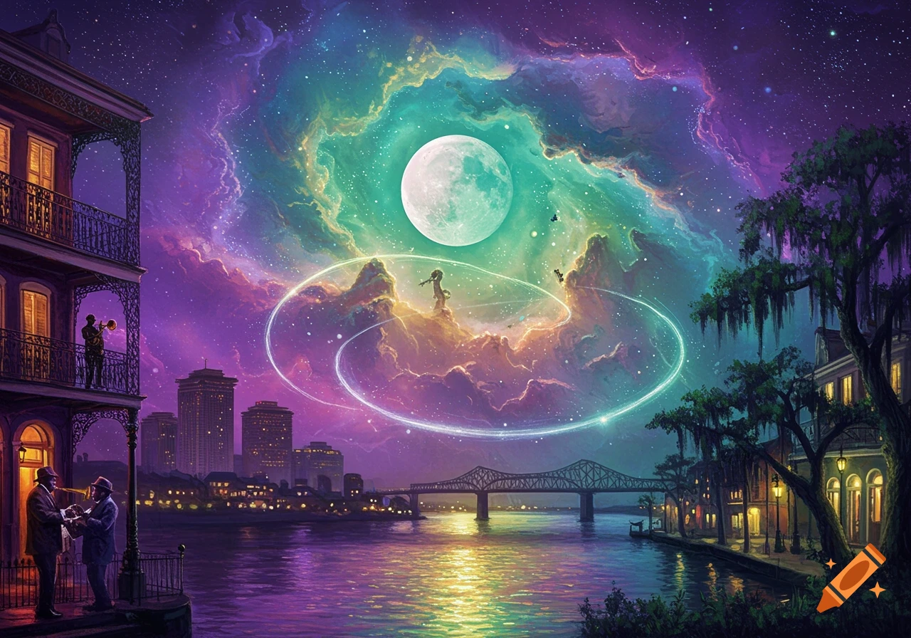 A vibrant, surreal night scene of a city resembling New Orleans with musicians by a river and a colorful nebula sky with a large moon.