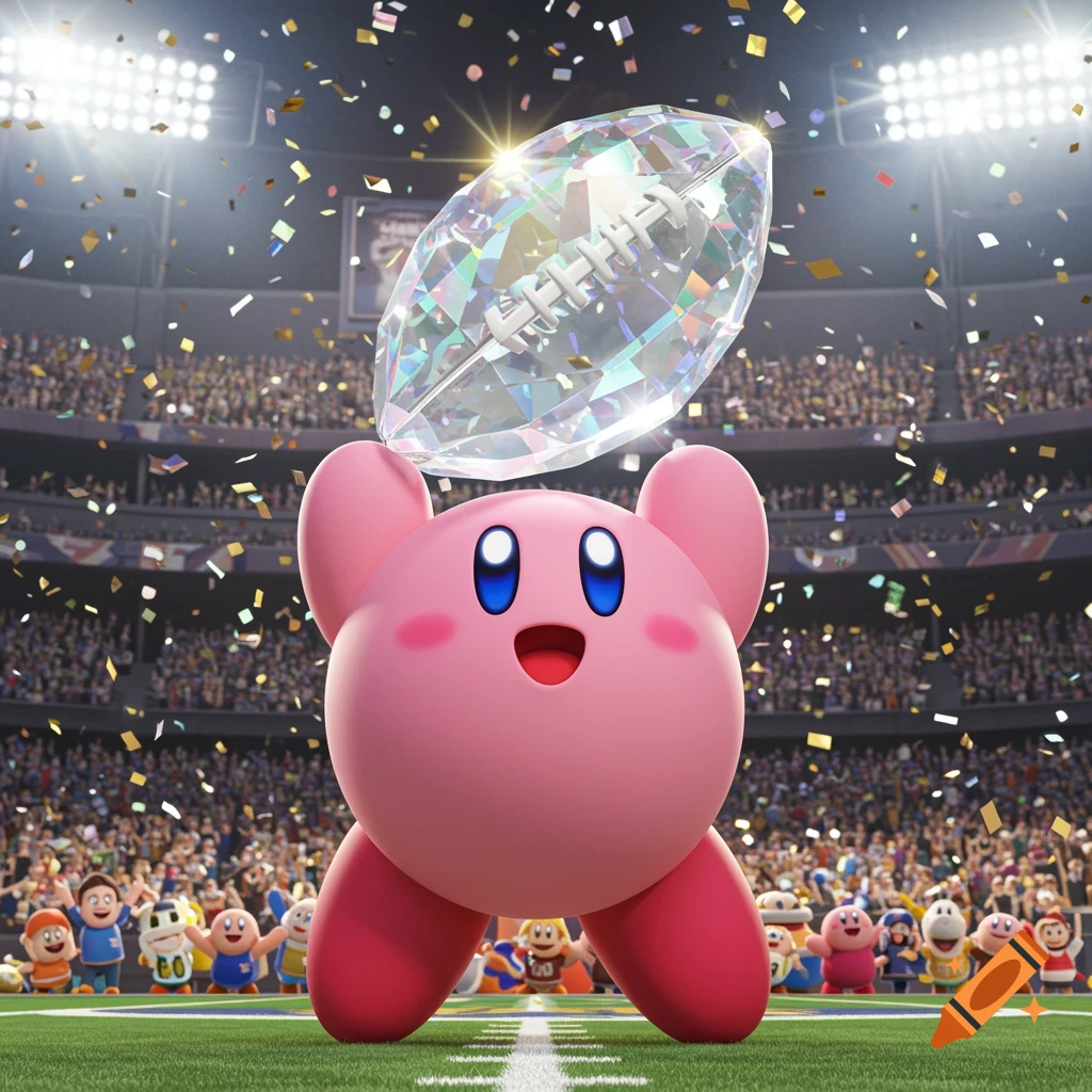 Pink Kirby character celebrates on a football field, holding a giant sparkling crystal football above his head, with confetti falling and a cheering crowd in a stadium.