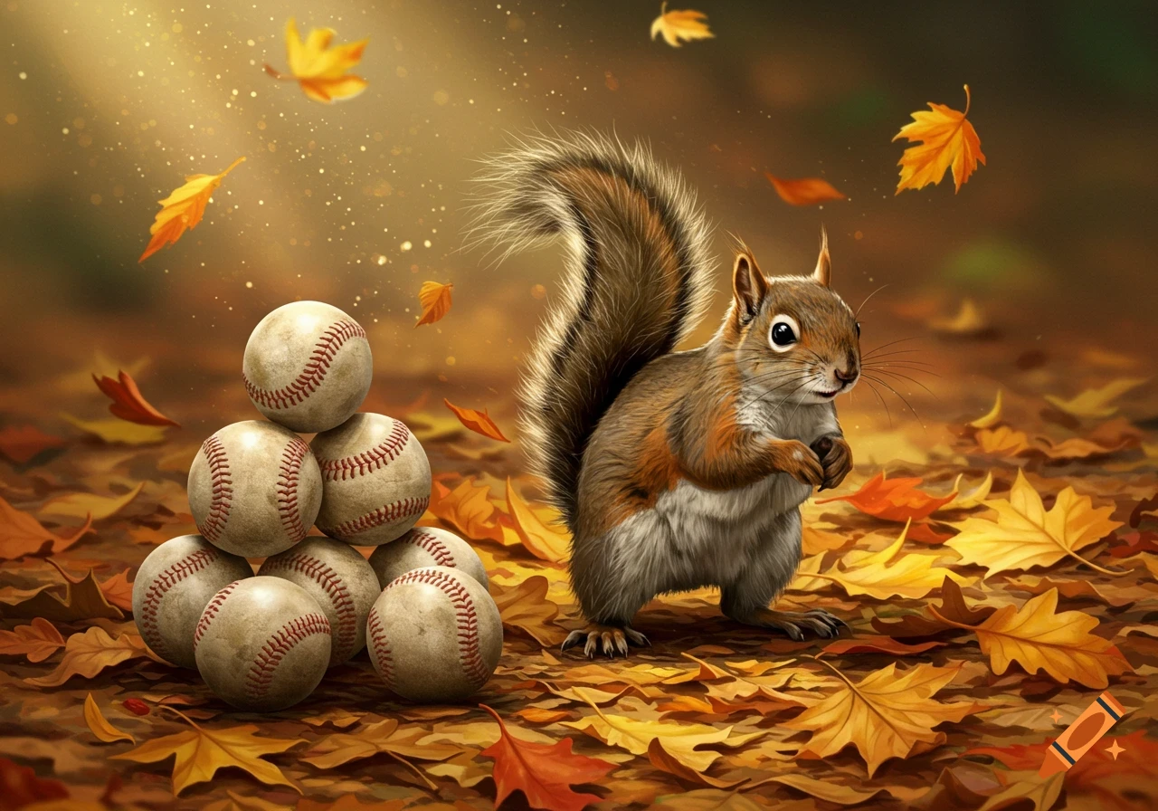 A squirrel stands next to a pile of baseballs on a ground covered in autumn leaves, with more leaves falling.