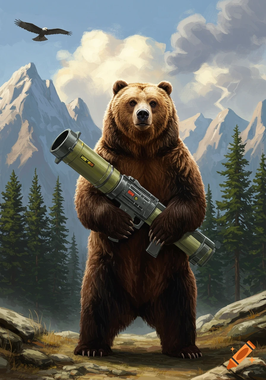 A brown bear stands upright in a mountain forest, holding a large green missile launcher. An eagle flies in the sky above. Stylized illustration.