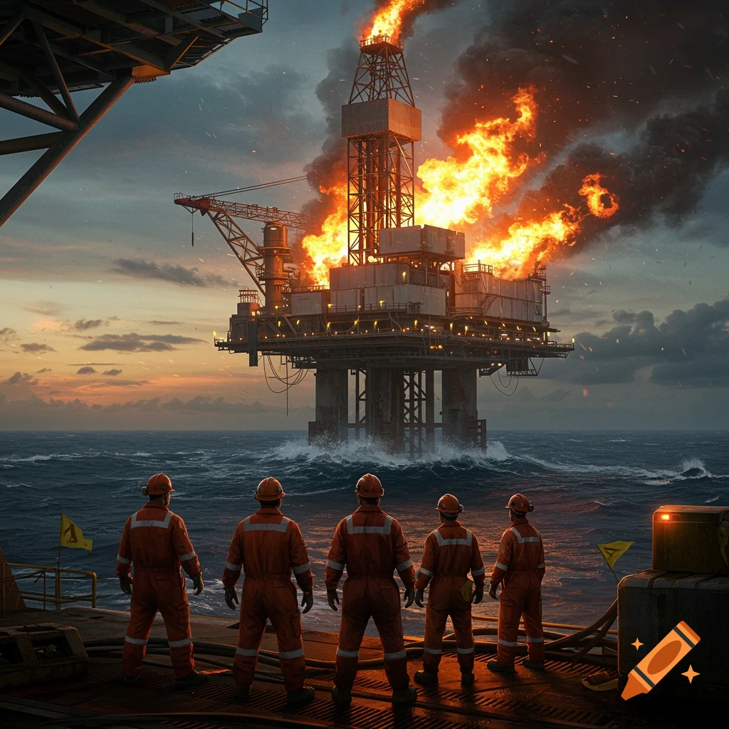 Photorealistic image of offshore workers watching a burning oil rig on the ocean at sunset.