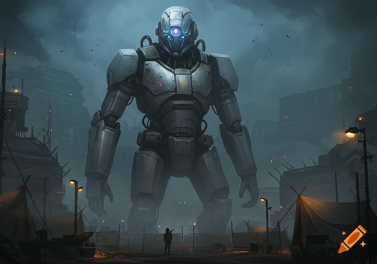 A massive armored humanoid robot with a glowing blue eye stands in a foggy, dilapidated urban landscape, dwarfing a lone human figure.