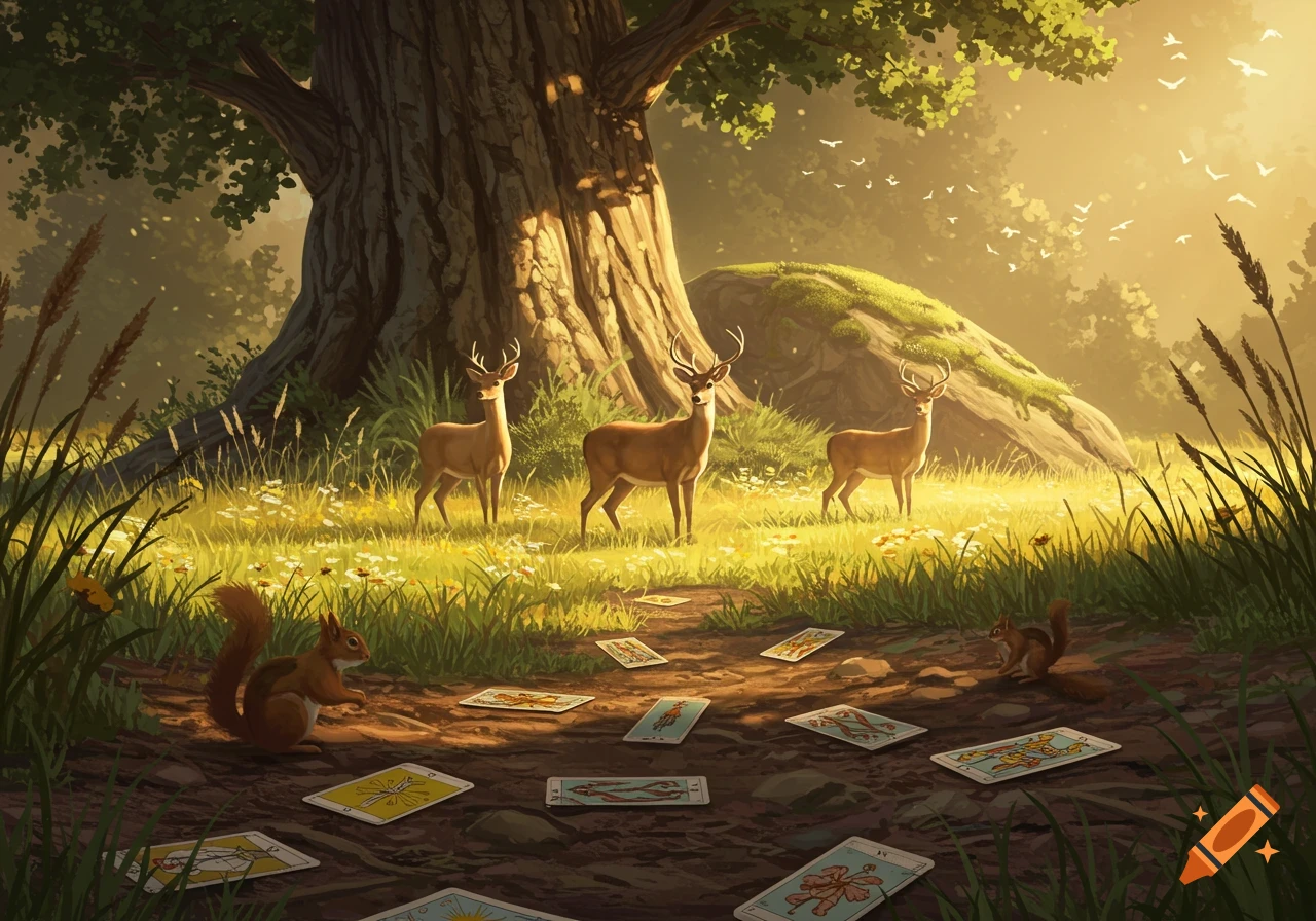 Three deer and two squirrels in a sunlit forest with scattered tarot cards around a large tree.